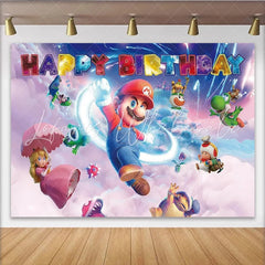 Lofaris Vibrant Cartoon Birthday Backdrop with Plumber Brothers and Princess Fun Video Game Theme Background for Kids Party Decoration.