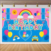 Lofaris Vibrant Cartoon Birthday Backdrop with School Bus Rainbow Fun Photo Background for Kids Party Decoration