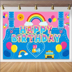 Lofaris Vibrant Cartoon Birthday Backdrop with School Bus Rainbow Fun Photo Background for Kids Party Decoration