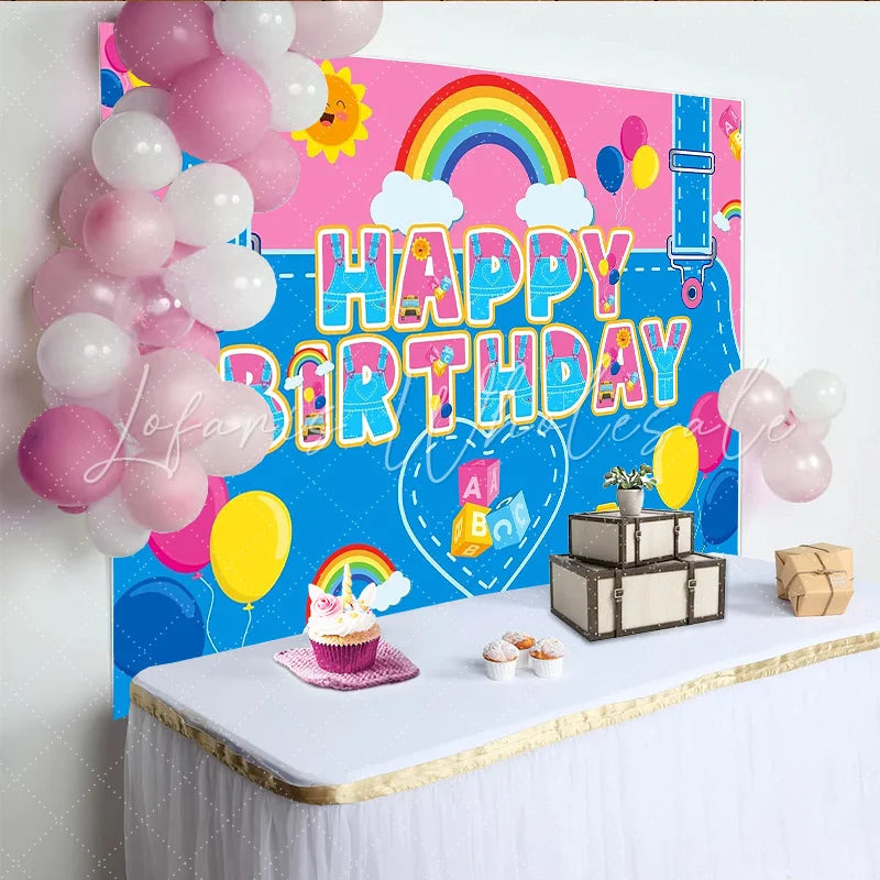 Lofaris Vibrant Cartoon Birthday Backdrop with School Bus Rainbow Fun Photo Background for Kids Party Decoration