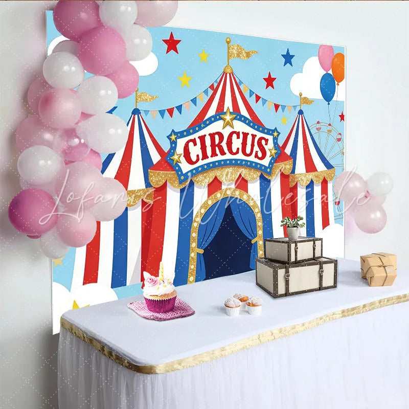 Lofaris Vibrant Cartoon Circus Birthday Backdrop with Red White and Blue Tent Glitter and Balloons Fun Party Decor for Kids Photoshoot