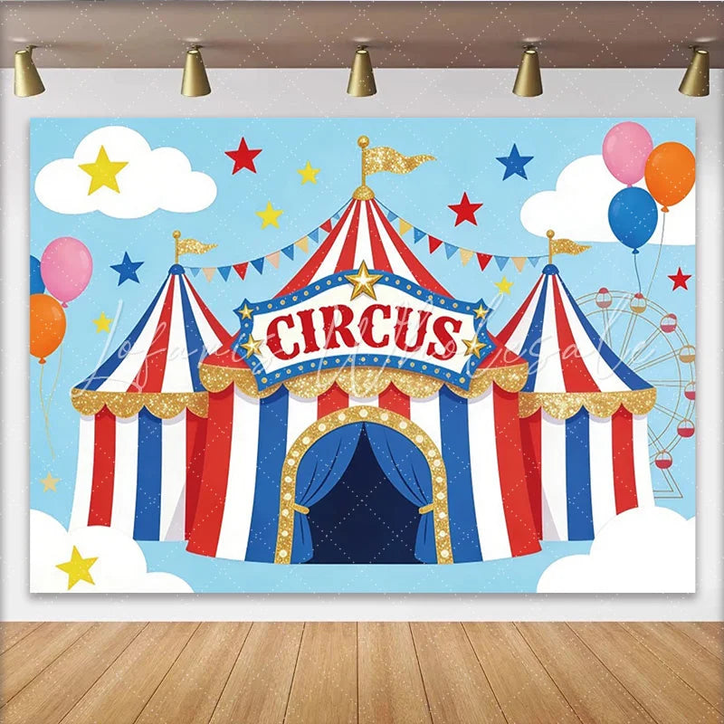 Lofaris Vibrant Cartoon Circus Birthday Backdrop with Red White and Blue Tent Glitter and Balloons Fun Party Decor for Kids Photoshoot