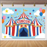 Lofaris Vibrant Cartoon Circus Birthday Backdrop with Red White and Blue Tent Glitter and Balloons Fun Party Decor for Kids Photoshoot