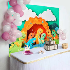 Lofaris Vibrant Cartoon Dinosaur Birthday Cake Smash Backdrop Prehistoric Jungle Cave Party Decor