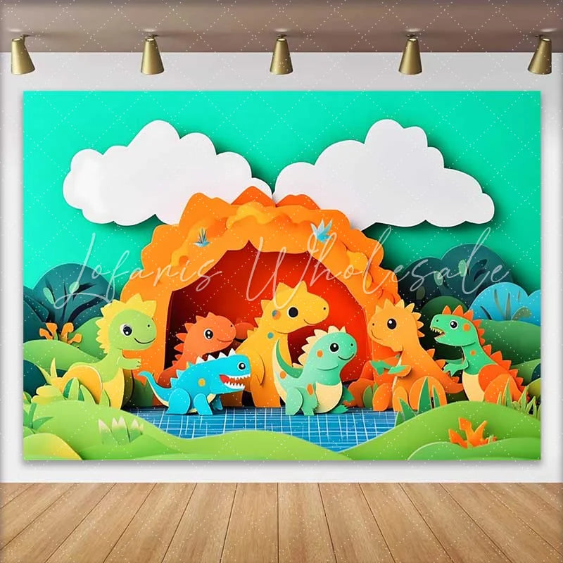 Lofaris Vibrant Cartoon Dinosaur Birthday Cake Smash Backdrop Prehistoric Jungle Cave Party Decor