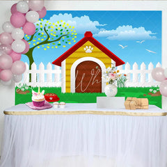 Lofaris Vibrant Cartoon Dog House Photography Backdrop Green Grass and Blue Sky Background for Pet Photoshoot