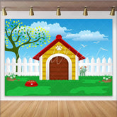 Lofaris Vibrant Cartoon Dog House Photography Backdrop Green Grass and Blue Sky Background for Pet Photoshoot