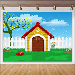 Lofaris Vibrant Cartoon Dog House Photography Backdrop Green Grass and Blue Sky Background for Pet Photoshoot