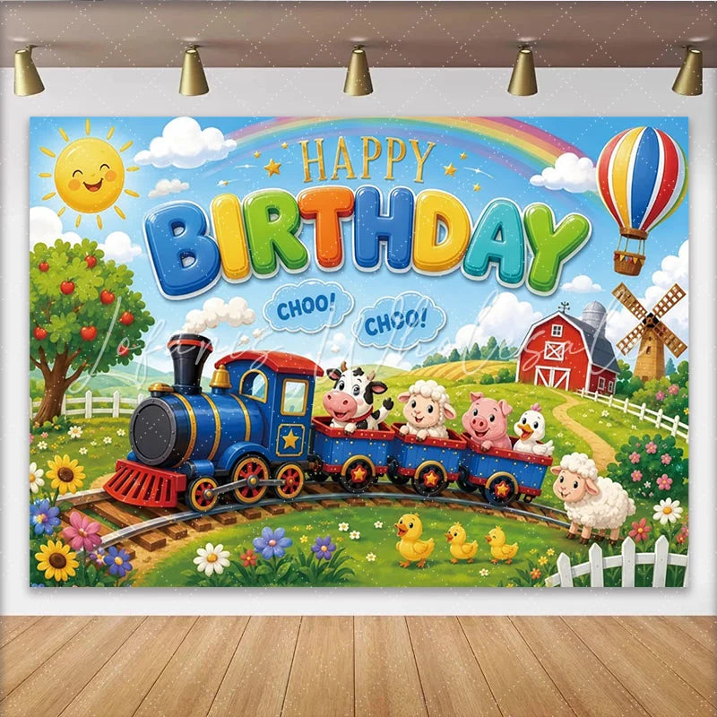 Lofaris Vibrant Cartoon Farm Animal Train Birthday Backdrop for Kids Green Field Photo Background with Hot Air Balloon and Windmill