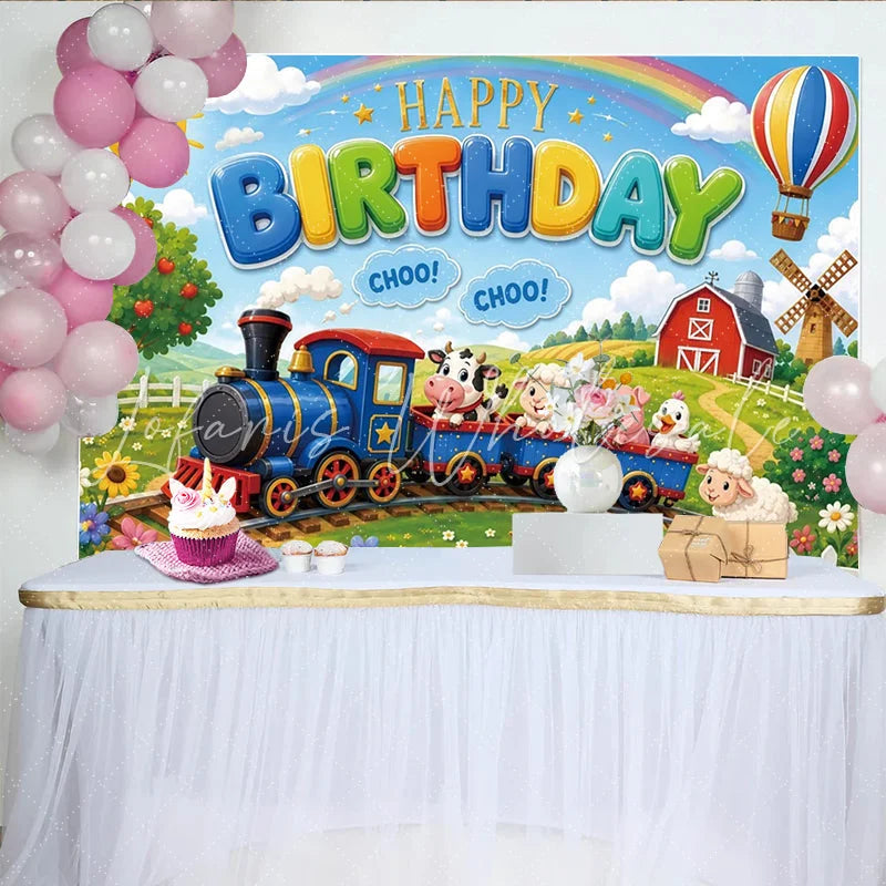 Lofaris Vibrant Cartoon Farm Animal Train Birthday Backdrop for Kids Green Field Photo Background with Hot Air Balloon and Windmill