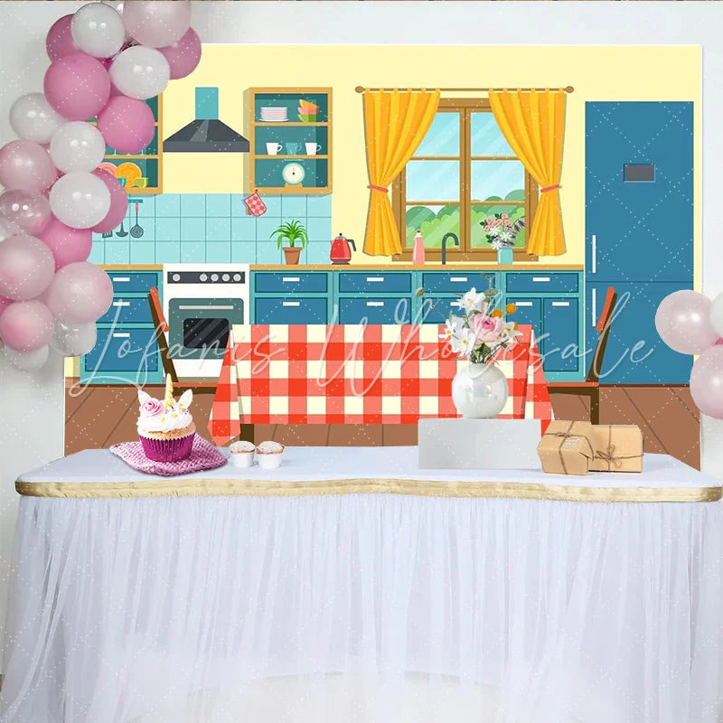 Lofaris Vibrant Cartoon Kitchen Photography Backdrop with Red and White Checkered Table Modern Interior Studio Background for Photoshoot