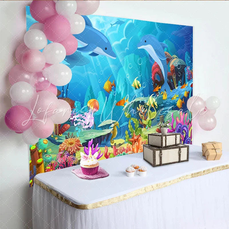 Lofaris Vibrant Cartoon Ocean Photography Backdrop with Dolphins and Colorful Fish Underwater Scene Background for Kids Party Photoshoot
