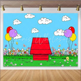 Lofaris Vibrant Cartoon Outdoor Photography Backdrop with Red Doghouse Colorful Balloons and Flowers for Kids Party Decor