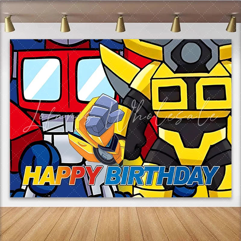 Lofaris Vibrant Cartoon Robot Birthday Backdrop with Happy Birthday Text Colorful Party Background for Kids Photoshoot and Decoration