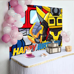 Lofaris Vibrant Cartoon Robot Birthday Backdrop with Happy Birthday Text Colorful Party Background for Kids Photoshoot and Decoration