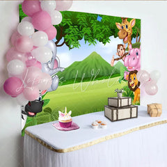 Lofaris Vibrant Cartoon Safari Photography Backdrop with Jungle Animals Green Landscape Background for Kids Party Photoshoot