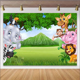 Lofaris Vibrant Cartoon Safari Photography Backdrop with Jungle Animals Green Landscape Background for Kids Party Photoshoot