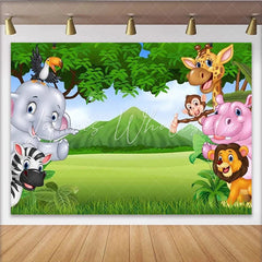 Lofaris Vibrant Cartoon Safari Photography Backdrop with Jungle Animals Green Landscape Background for Kids Party Photoshoot