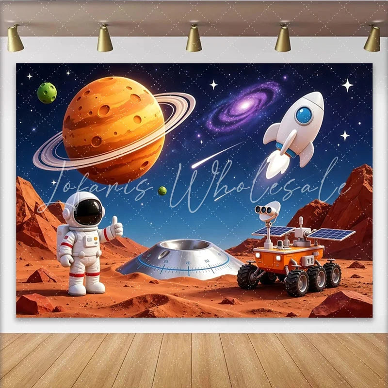 Lofaris Vibrant Cartoon Space Photography Backdrop with Astronaut and Planets Colorful Studio Background for Kids Party Decor