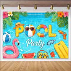 Lofaris Vibrant Cartoon Summer Pool Party Photography Backdrop Featuring Tropical Leaves and Fun Floats for Studio Photoshoot.