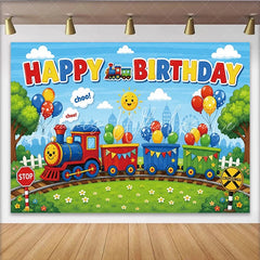 Lofaris Vibrant Cartoon Train Birthday Backdrop with Colorful Balloons Cheerful Photo Background for Kids Party Decor