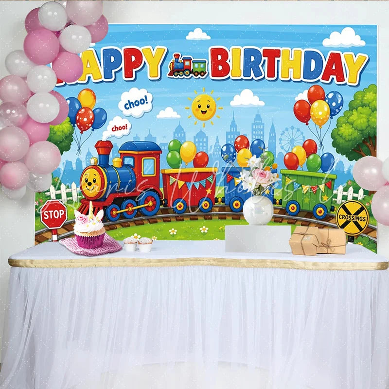 Lofaris Vibrant Cartoon Train Birthday Backdrop with Colorful Balloons Cheerful Photo Background for Kids Party Decor