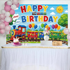Lofaris Vibrant Cartoon Train Birthday Backdrop with Colorful Balloons Cute Railway Scene Background for Kids Party Decoration