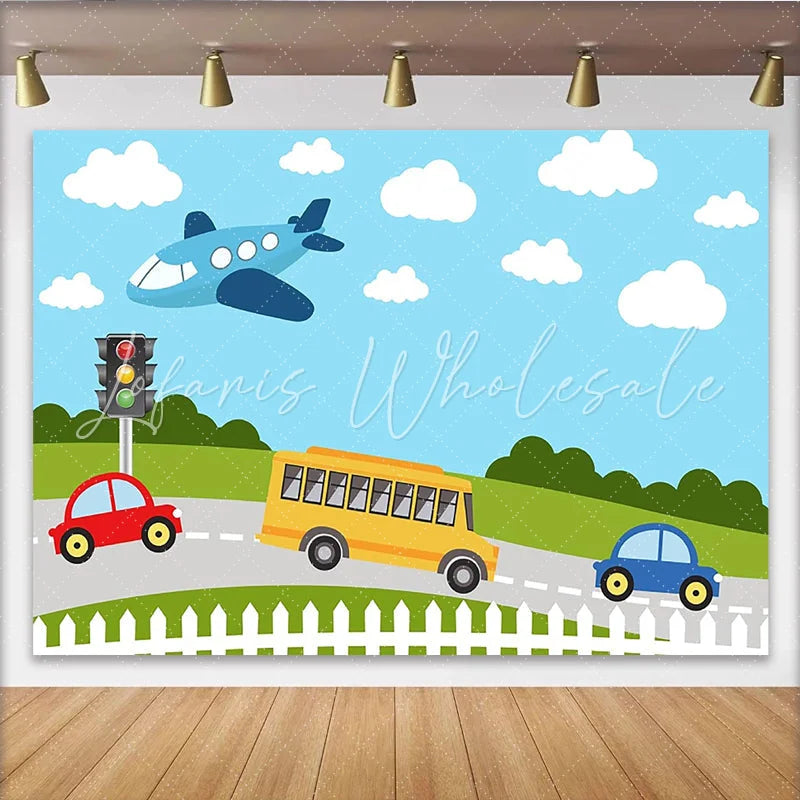 Lofaris Vibrant Cartoon Vehicles Photography Backdrop with Airplane and School Bus Colorful Road Scene Background for Kids Photoshoot