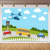 Lofaris Vibrant Cartoon Vehicles Photography Backdrop with Airplane and School Bus Colorful Road Scene Background for Kids Photoshoot