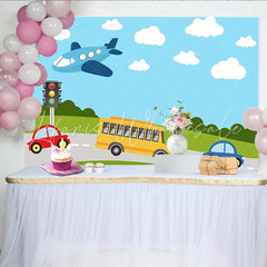 Lofaris Vibrant Cartoon Vehicles Photography Backdrop with Airplane and School Bus Colorful Road Scene Background for Kids Photoshoot