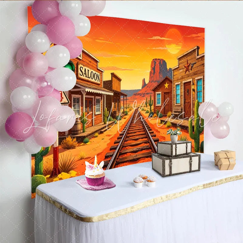 Lofaris Vibrant Cartoon Wild West Photography Backdrop with Desert Train Tracks and Saloon Sunset Cowboy Theme Background