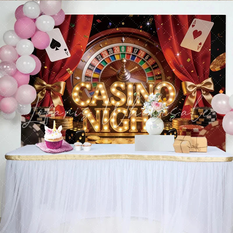 Lofaris Vibrant Casino Night Party Backdrop with Roulette Wheel Playing Cards and Poker Chips Red Curtain Event Decoration for Photography