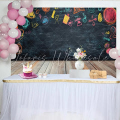 Lofaris Vibrant Chalk Doodle Birthday Backdrop with Wooden Floor Black Chalkboard Background for Kids Party Photography