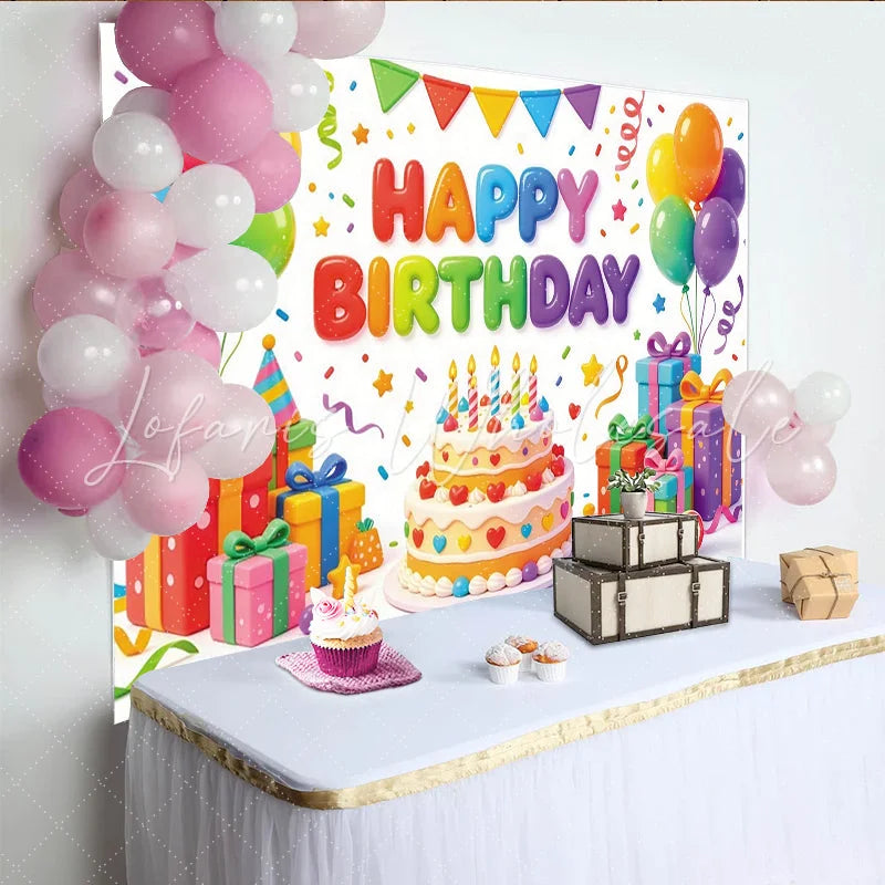 Lofaris Vibrant Colorful Happy Birthday Backdrop with Balloons and Cake Festive Party Background for Kids Celebration