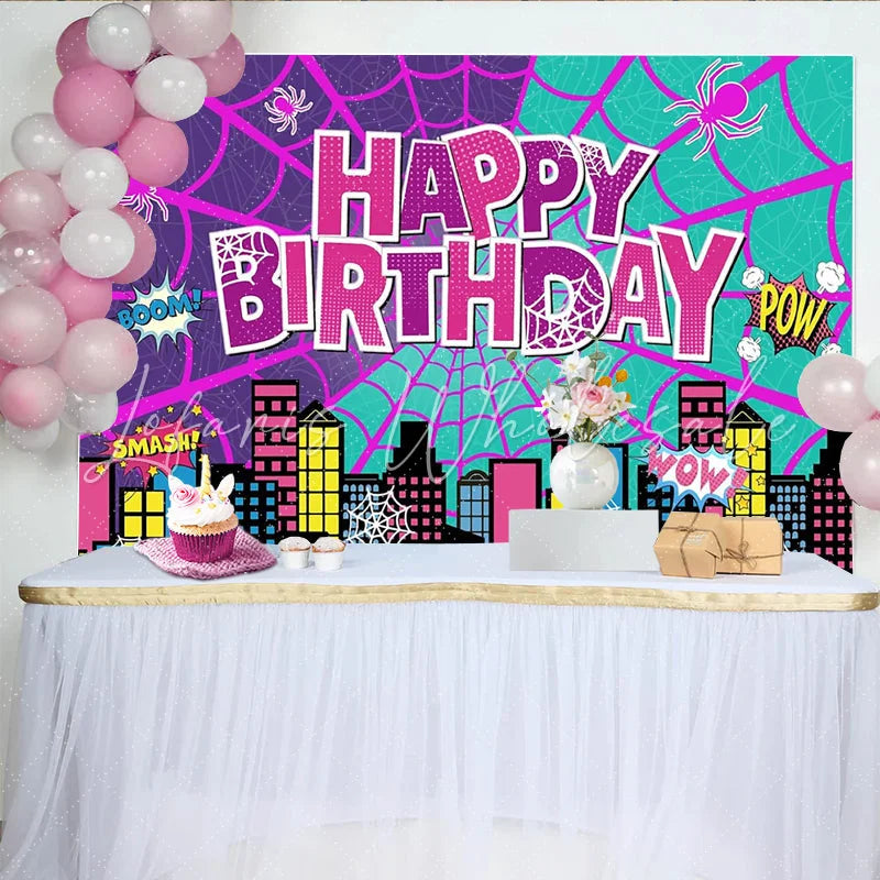 Lofaris Vibrant Comic Book Superhero Birthday Backdrop Cityscape and Spider Web Party Background for Kids