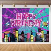Lofaris Vibrant Comic Book Superhero Birthday Backdrop Cityscape and Spider Web Party Background for Kids