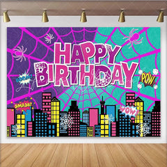 Lofaris Vibrant Comic Book Superhero Birthday Backdrop Cityscape and Spider Web Party Background for Kids