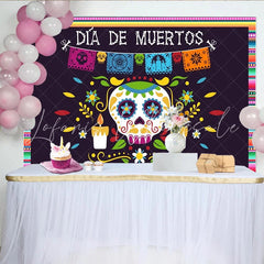 Lofaris Vibrant Día de Muertos Backdrop with Sugar Skull Papel Picado and Candles Festive Mexican Holiday Decor for Photography