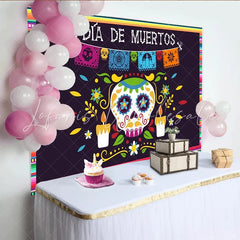 Lofaris Vibrant Día de Muertos Backdrop with Sugar Skull Papel Picado and Candles Festive Mexican Holiday Decor for Photography