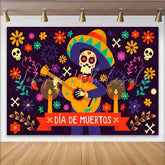 Lofaris Vibrant Día de Muertos Skeleton Backdrop with Guitar and Flowers Festive Mexican Celebration Photo Background Decor