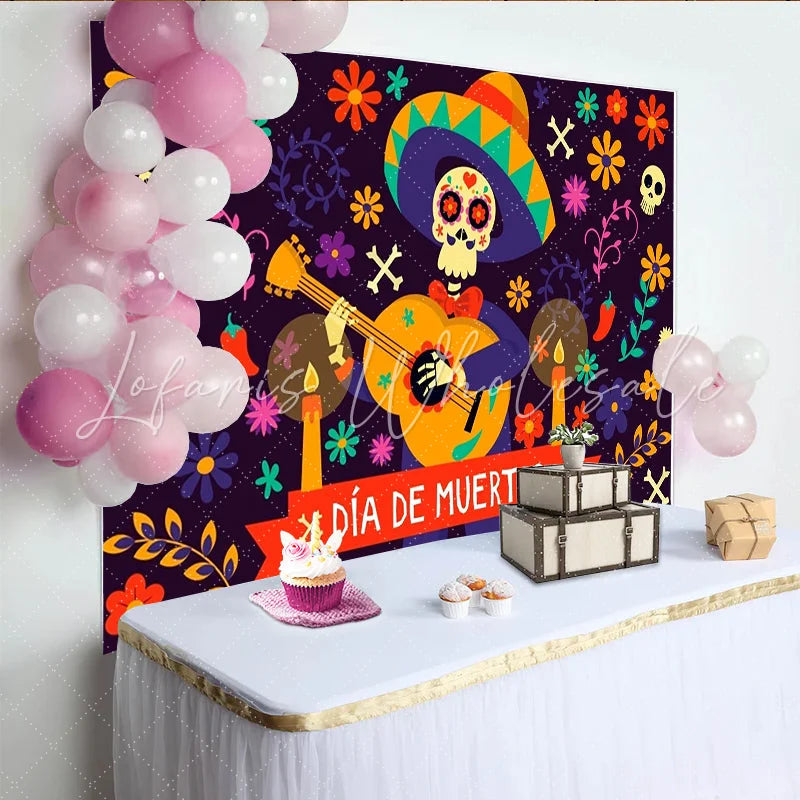 Lofaris Vibrant Día de Muertos Skeleton Backdrop with Guitar and Flowers Festive Mexican Celebration Photo Background Decor
