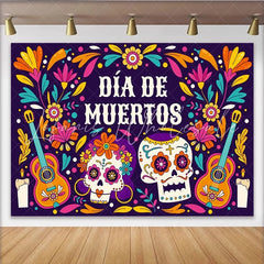 Lofaris Vibrant Day of the Dead Backdrop Sugar Skulls and Guitars Festive Floral Party Background for Mexican Holiday Celebration