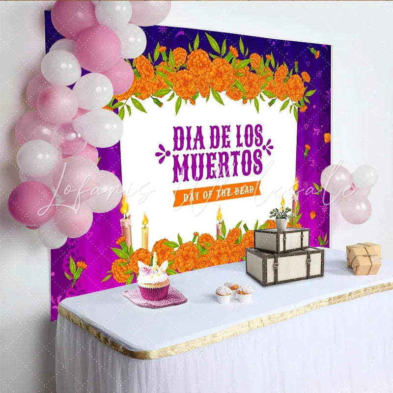 Lofaris Vibrant Day of the Dead Backdrop with Marigold Flowers and Candles for Mexican Fiesta Party Decor and Photography