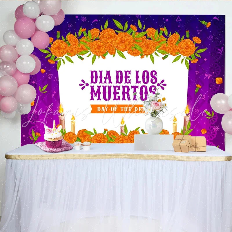 Lofaris Vibrant Day of the Dead Backdrop with Marigold Flowers and Candles for Mexican Fiesta Party Decor and Photography