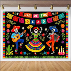 Lofaris Vibrant Day of the Dead Photography Backdrop with Skeletons and Music Festive Mexican Fiesta Celebration Background for Party Decor