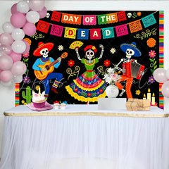 Lofaris Vibrant Day of the Dead Photography Backdrop with Skeletons and Music Festive Mexican Fiesta Celebration Background for Party Decor