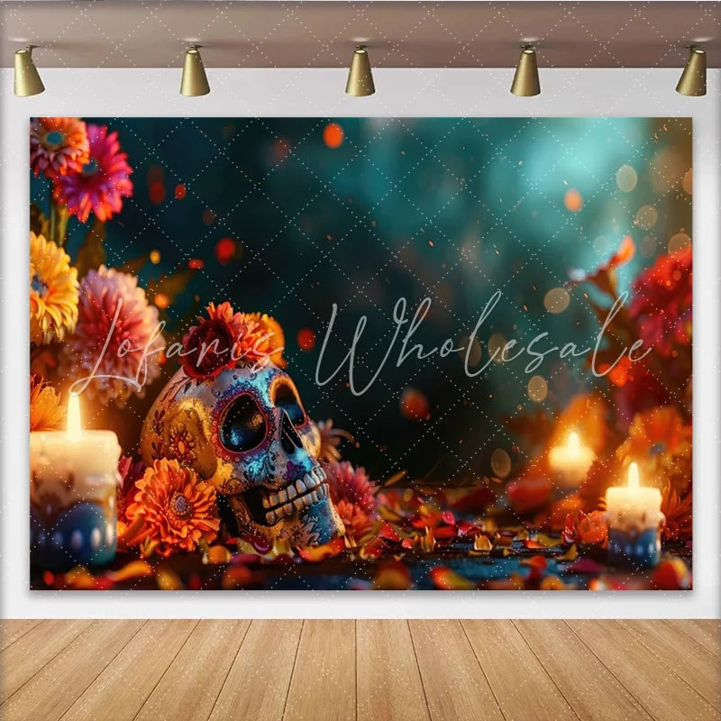 Lofaris Vibrant Day of the Dead Sugar Skull Backdrop Colorful Flowers Candles and Bokeh Lights Festive Photography Background