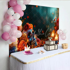 Lofaris Vibrant Day of the Dead Sugar Skull Backdrop Colorful Flowers Candles and Bokeh Lights Festive Photography Background