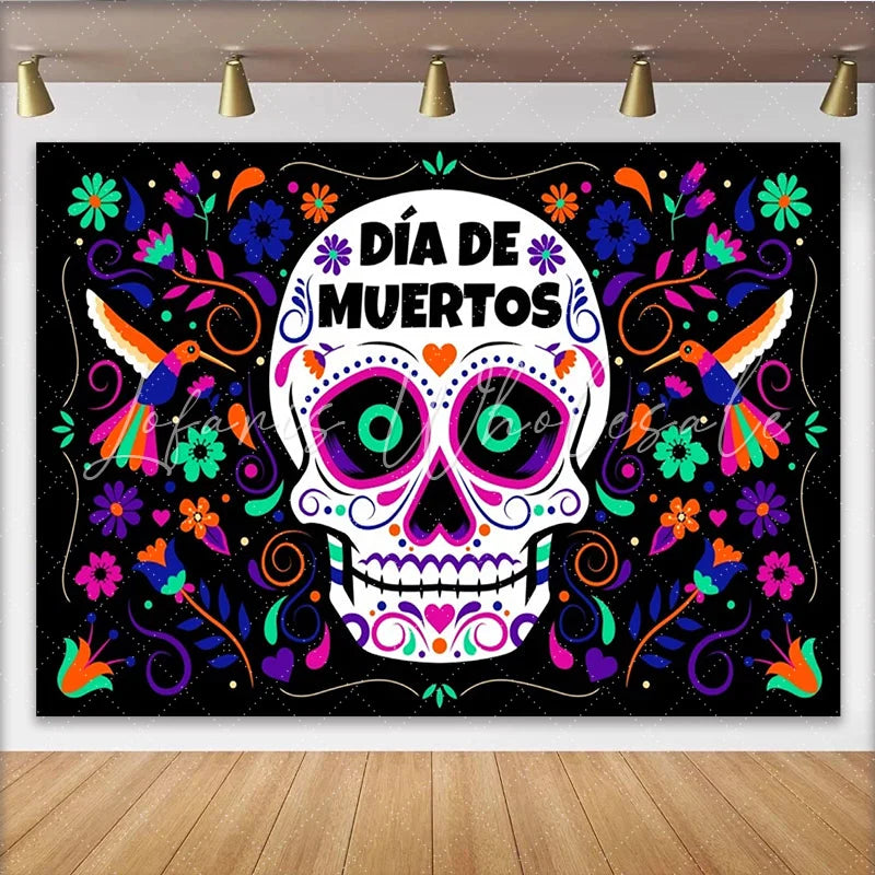 Lofaris Vibrant Day of the Dead Sugar Skull Backdrop Colorful Mexican Fiesta Party Decor for Photography