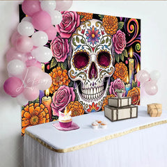 Lofaris Vibrant Day of the Dead Sugar Skull Backdrop with Marigolds Festive Mexican Holiday Background for Party Decor